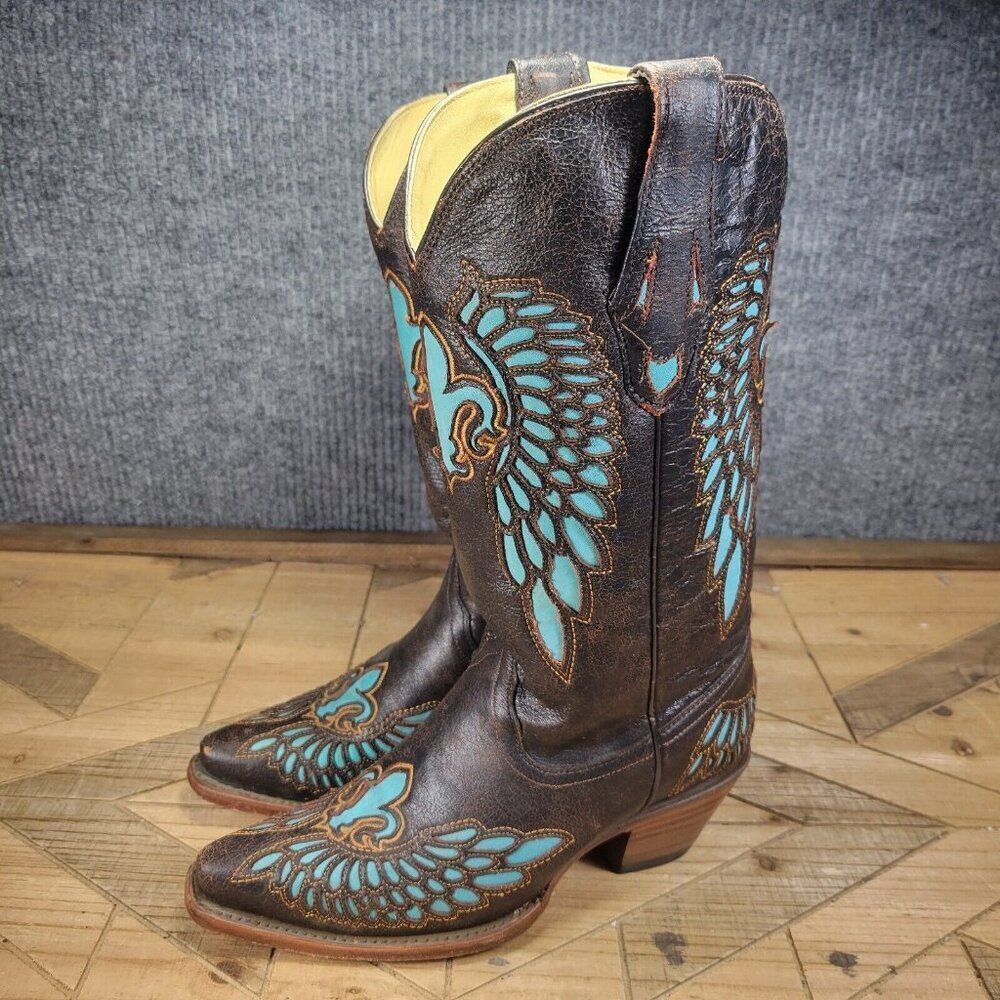 Corral Boots Womens 6.5M Turquoise Inlay Fleur De Lis Wings Cowboy Brown R2458 - Picture 2 of 13